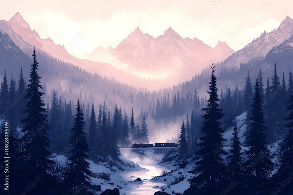 Obraz premium A train travels through a snow-covered valley, with majestic mountains in the background.