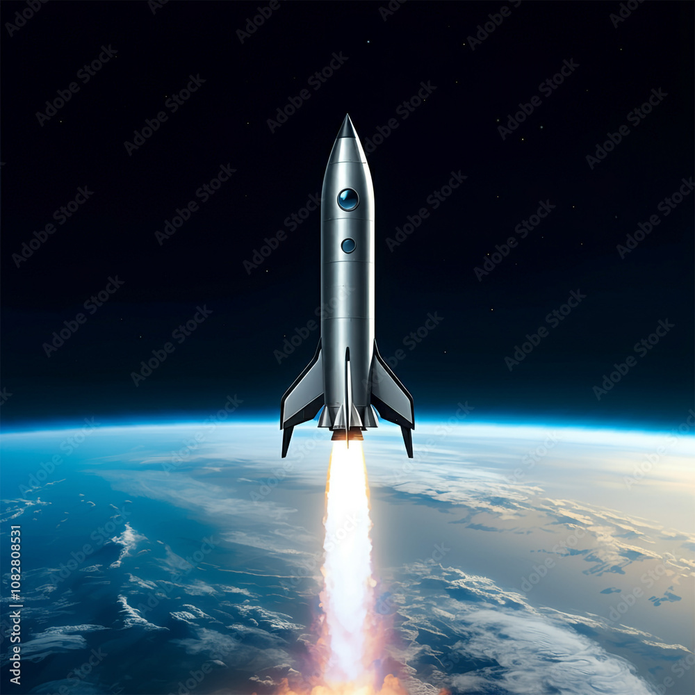 Naklejka premium Rocket Launching Off Over Planet Earth, Fire and Smoke, Space & Science Image