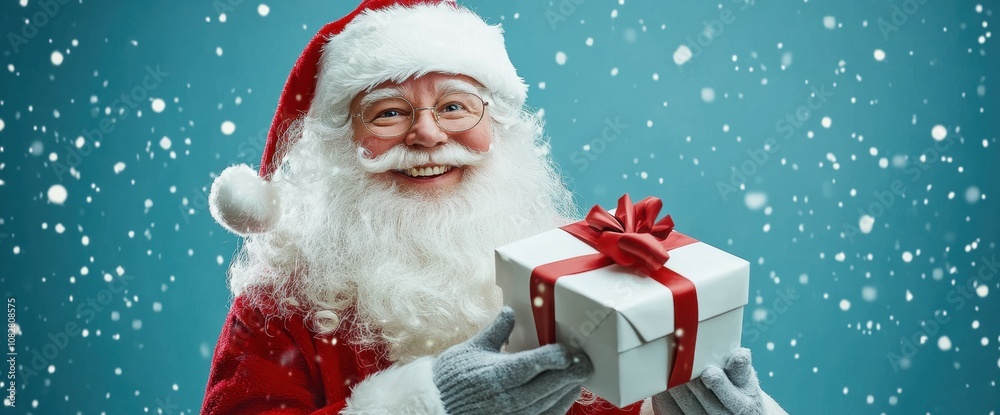Close-up of Santa Claus holding a white gift box with a red ribbon, against a blue starry background, in a banner design, Christmas concept Generative AI Close-up of Santa Claus holding a white gift box with a red ribbon, against a blue starry background, in a banner design, Christmas concept Generative AI