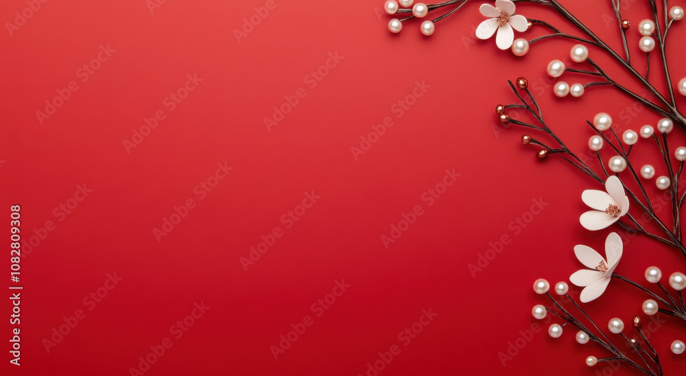 Obraz premium Minimalist floral decoration with white flowers and pearls on red background