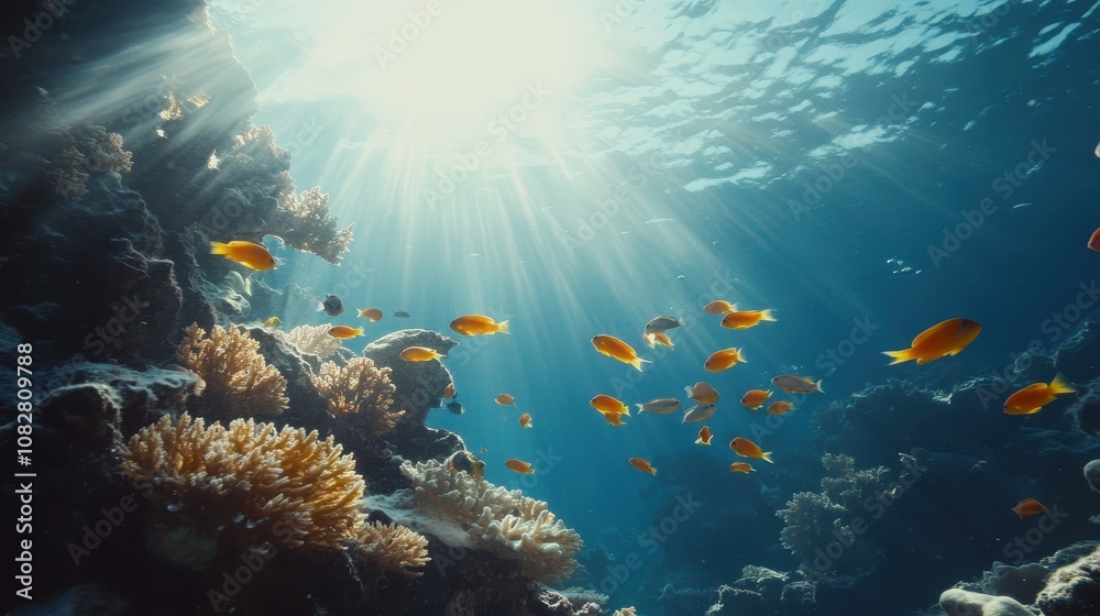 Fototapeta premium A coral reef underwater teeming with colorful fish and marine life.