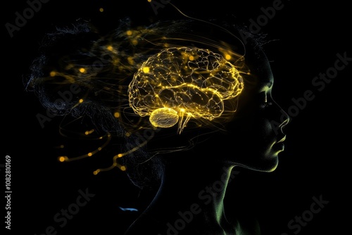 Woman's silhouette with a glowing brain representing trance hypnosis and spiritual connections in a dark setting photo