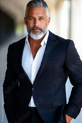 A man in a black suit and white shirt posing for a picture