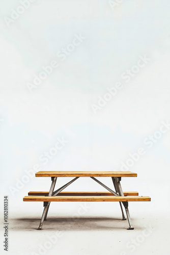 A wooden picnic table sitting on top of a white floor