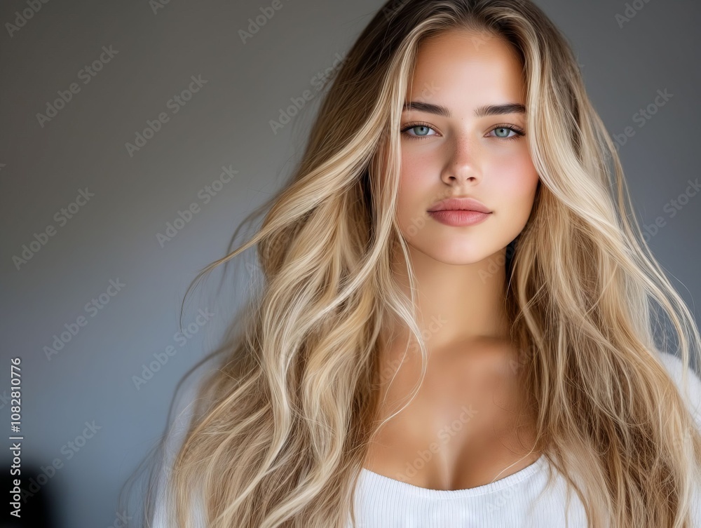 A woman with long blonde hair is posing for a picture