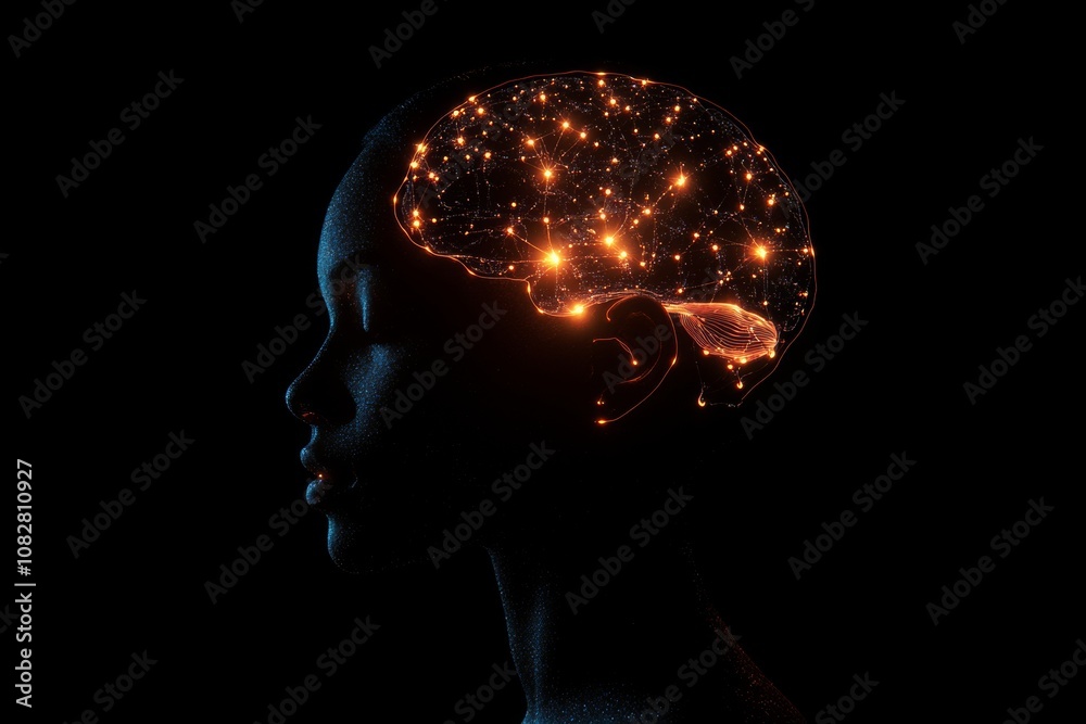 Obraz premium A black woman's silhouette with a glowing brain, showcasing neural connections and exploring the depths of human consciousness