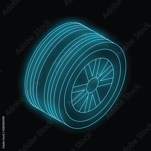 Futuristic glowing neon car tire on a black background is rendered in an isometric projection