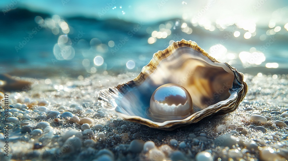 Open Oyster with Large Pearl on Seashore, AI generated illustration Open Oyster with Large Pearl on Seashore, AI generated illustration