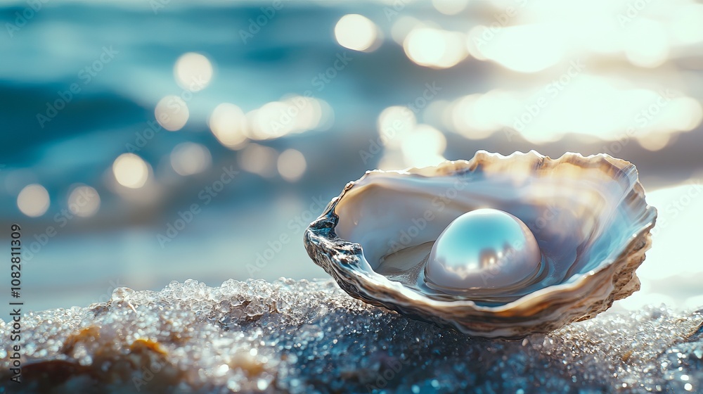 Open Oyster with Large Pearl on Seashore, AI generated illustration Open Oyster with Large Pearl on Seashore, AI generated illustration