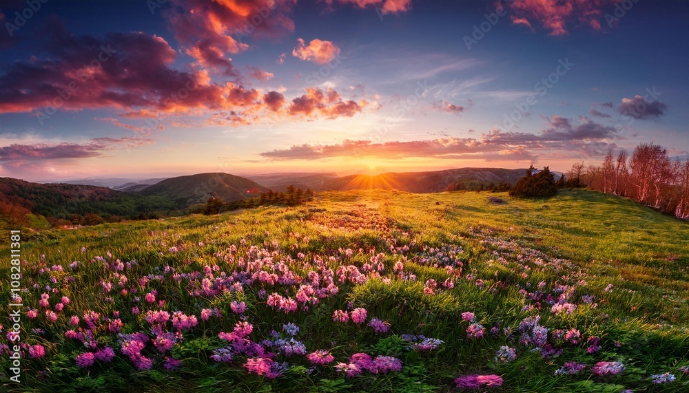 Obraz premium sunrise in the mountains with colourful flowers