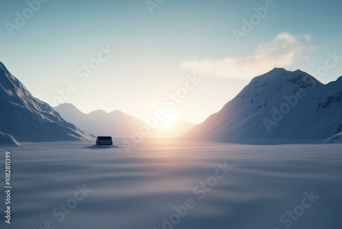 A lone cabin sits in a snowy valley at sunrise.