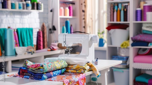 An organized sewing corner with fabrics and machines, Sewing tools and materials neatly arranged, Vintage craft style