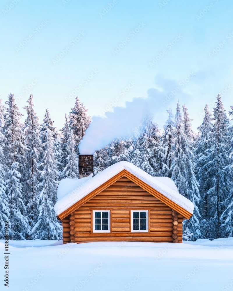 Snow-covered log cabin in a pine forest with smoke rising in the clear evening sky Snow-covered log cabin in a pine forest with smoke rising in the clear evening sky