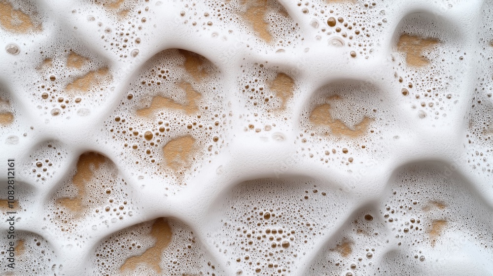 Close-up of foamy bubbles with a wavy texture and beige liquid underneath, creating an abstract pattern.