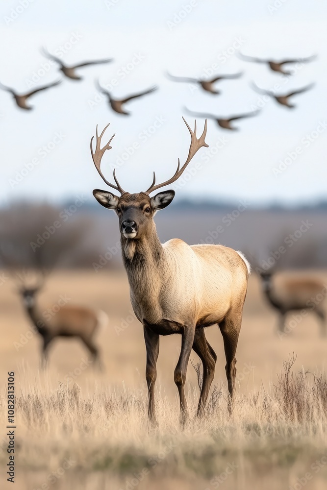 A majestic bull elk stands in a field of tall grass, his antlers reaching up towards the sky as a flock of birds flies overhead. A majestic bull elk stands in a field of tall grass, his antlers reaching up towards the sky as a flock of birds flies overhead.