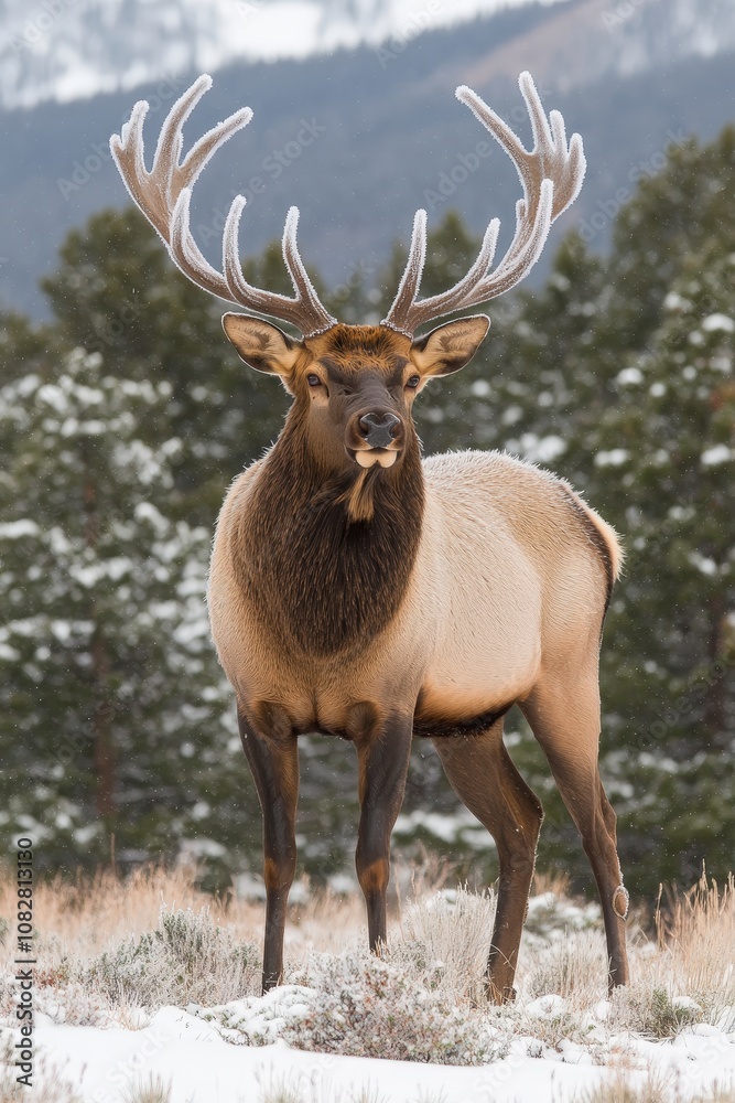 A majestic bull elk with a large rack of antlers stands in a snowy field with a forest in the background. A majestic bull elk with a large rack of antlers stands in a snowy field with a forest in the background.