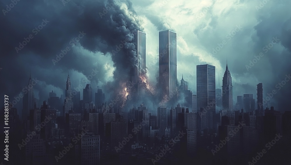Twin Towers Explosion in Dark Digital Art, AI generated illustration Twin Towers Explosion in Dark Digital Art, AI generated illustration