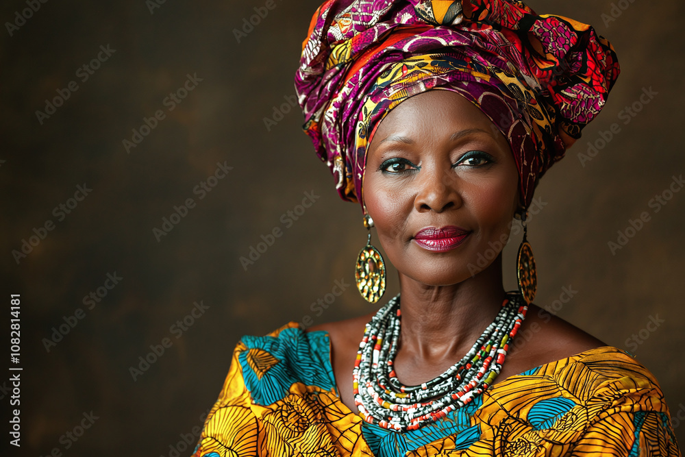 Fototapeta premium A woman in traditional african clothing, wearing a headwrap and statement jewelry.