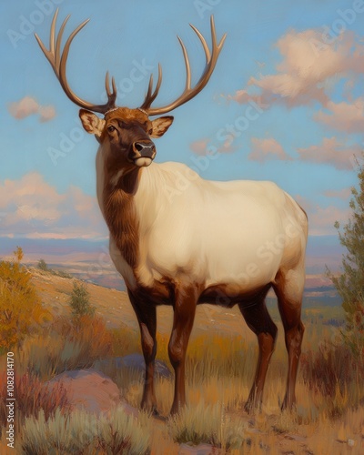 A majestic elk with large antlers stands proudly on a rocky hilltop, facing towards the viewer. The animal is painted in a realistic style, with detailed fur and a natural background.