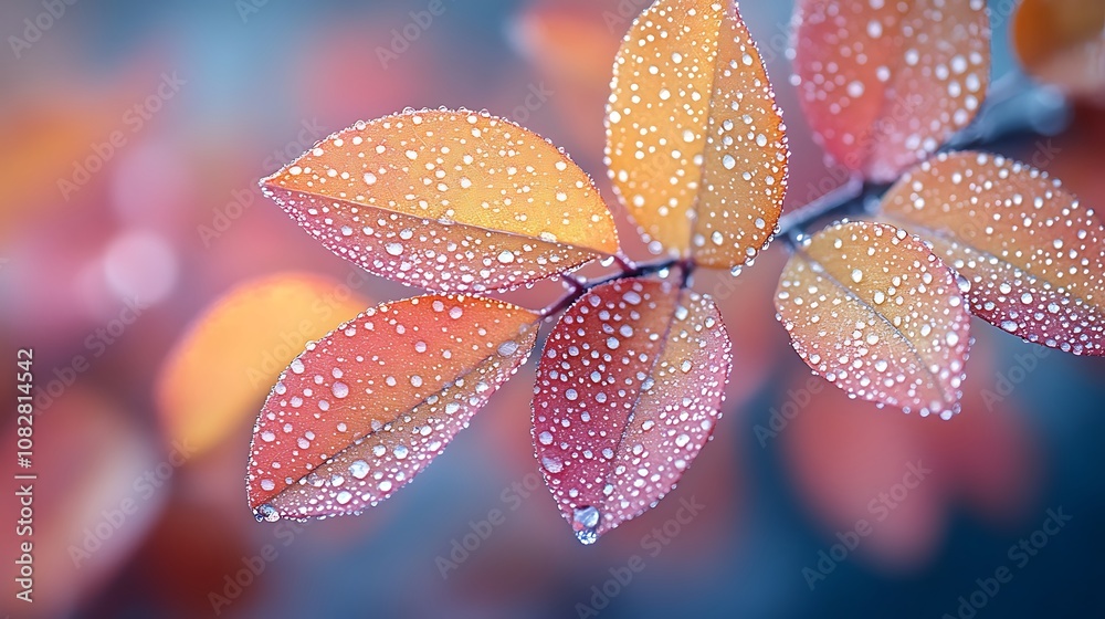 Red leaf close up highlighting dew drops under gentle autumn lighting picture Red leaf close up highlighting dew drops under gentle autumn lighting picture