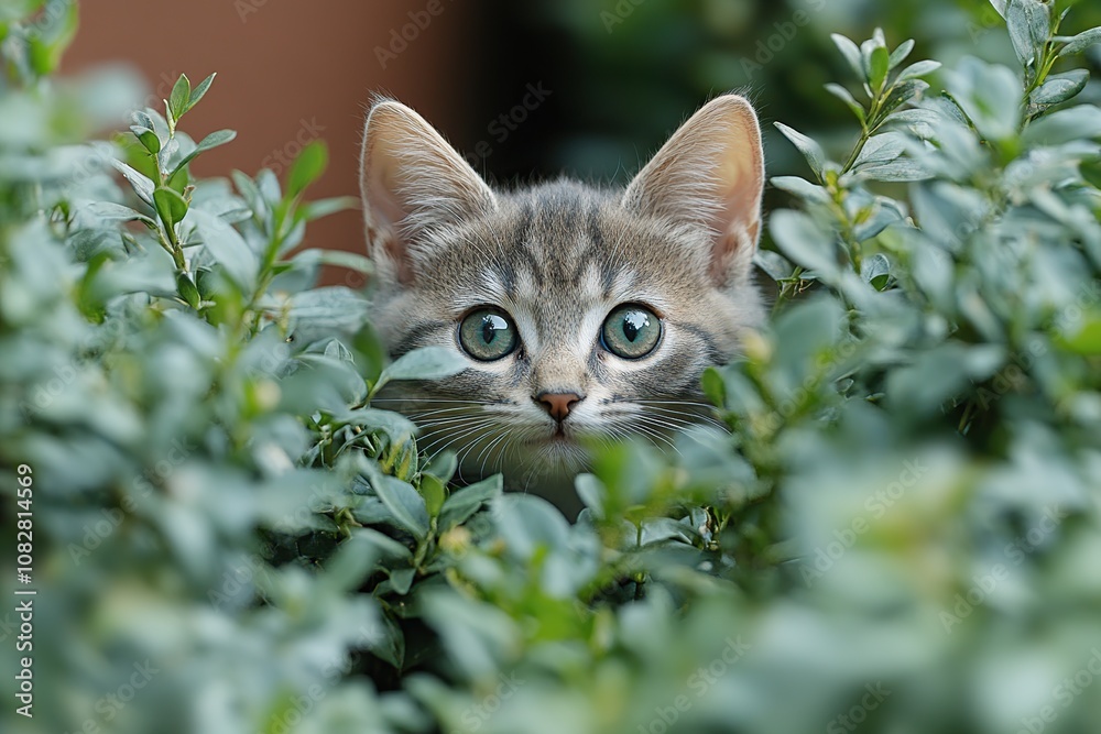 A Curious Kitten Peeking Through The Bushes A Curious Kitten Peeking Through The Bushes