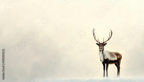 A majestic reindeer stands in a snowy landscape with a misty background.