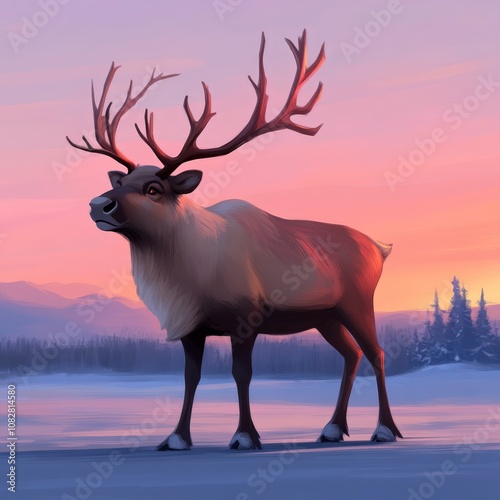 A majestic reindeer stands on a snowy landscape with a colorful sunset in the background.