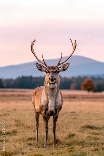 A majestic stag with large antlers stands in a field, looking directly at the camera.