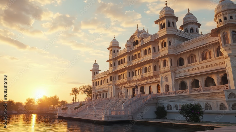 A historic palace in Rajasthan, glowing under a setting sun. A historic palace in Rajasthan, glowing under a setting sun.