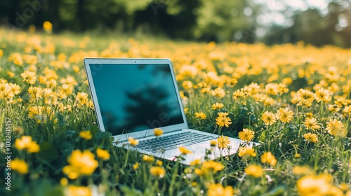 Laptop on Green Grass with Yellow Flowers in Meadow, AI generated illustration