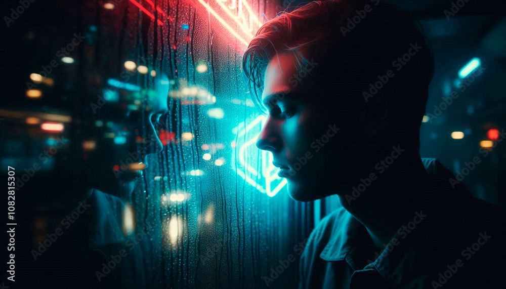 Young man neon-noir vaporwave portrait behind the rainy window Young man neon-noir vaporwave portrait behind the rainy window