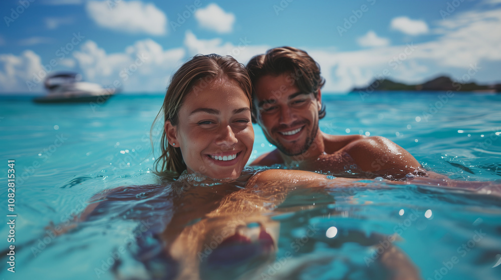 Couple swimming in ocean with luxury boat in the background. Couple swimming in ocean with luxury boat in the background.
