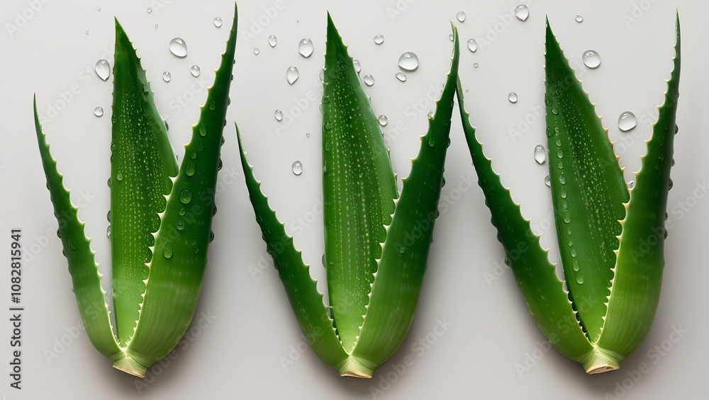 Set of fresh aloe vera leaves with water droplets,