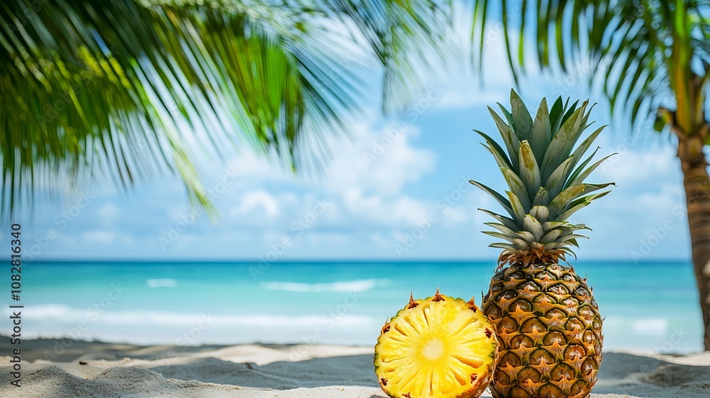 Pineapple on Tropical Beach with Palm Trees and Ocean Waves, AI generated illustration Pineapple on Tropical Beach with Palm Trees and Ocean Waves, AI generated illustration