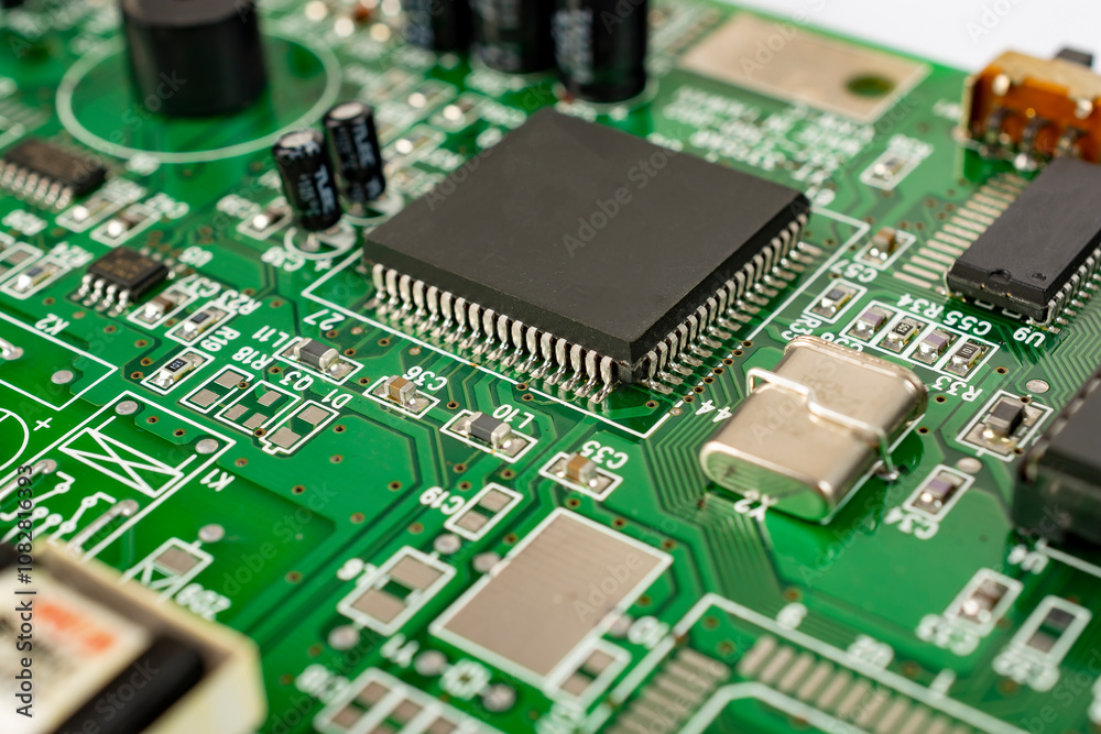 Close-up of a circuit board with microcircuits from an electrical appliance or computer. Close-up of a circuit board with microcircuits from an electrical appliance or computer.