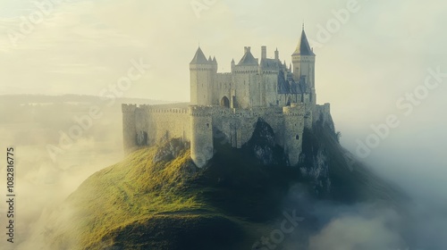 A medieval castle perched on a hill, its towers reaching into the misty air.