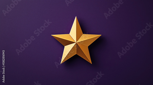 Geometric gold star with shadow on textured purple background, angled and three-dimensional appearance