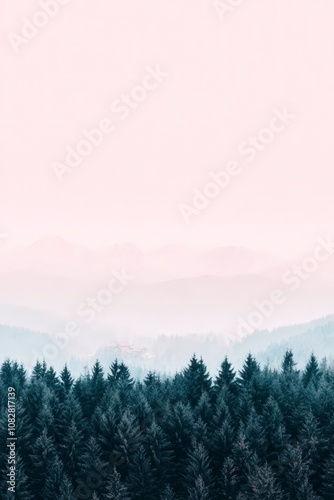 A misty forest with a pink sky in the background.