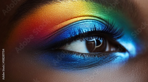 Close-up of a woman's eye with colorful eyeshadow, showcasing a vibrant rainbow palette.