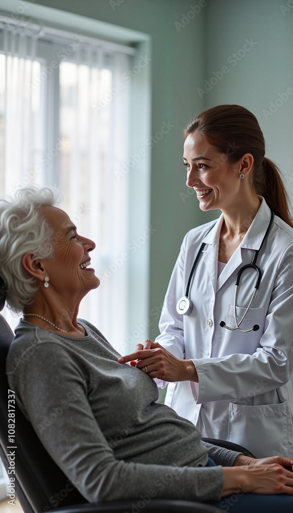 Obraz premium Caring young female doctor smiling and examining elderly patient in medical office for healthcare concept