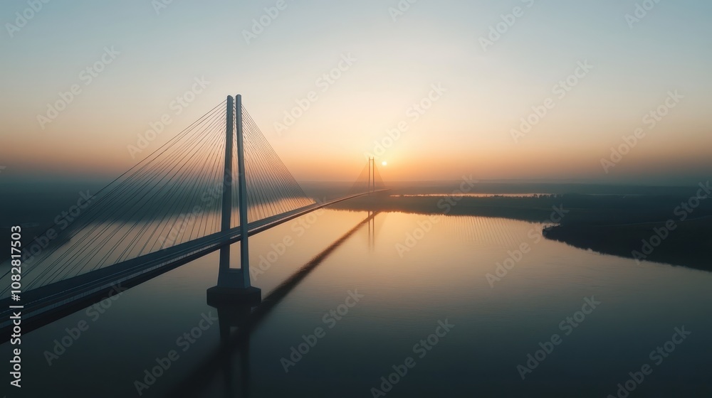 A modern suspension bridge spanning a vast river at sunset. A modern suspension bridge spanning a vast river at sunset.