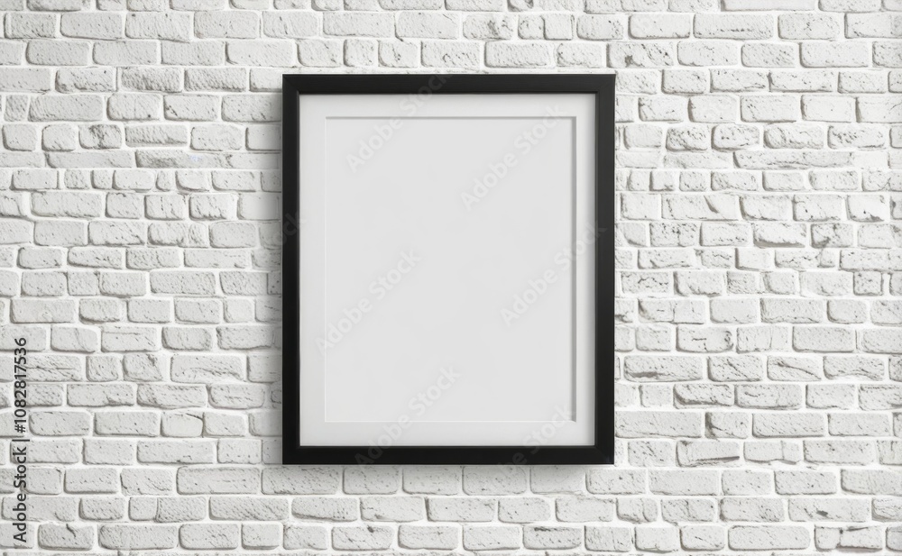Empty black frame Mock up hanging on a white brick wall, awaiting artwork for decoration and personal touch in a contemporary space Empty black frame Mock up hanging on a white brick wall, awaiting artwork for decoration and personal touch in a contemporary space