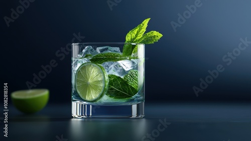 A glass of blue liquid with a lime wedge in it