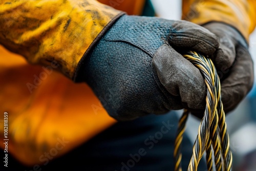 A worker grips a sturdy cable with gloves at a construction site during daylight. Generative AI photo