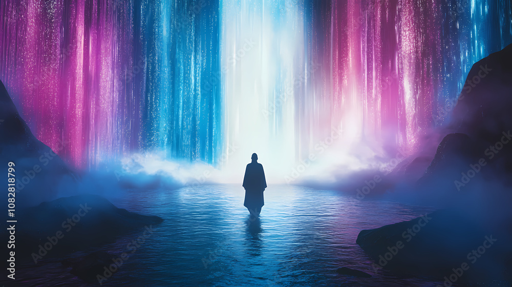 Jesus baptism in a futuristic river with neon water divine light from the heavens. Divine. Illustration Jesus baptism in a futuristic river with neon water divine light from the heavens. Divine. Illustration