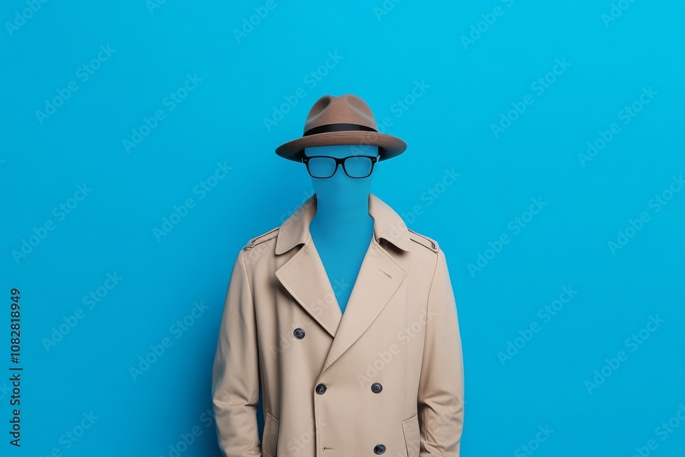 an invisible man wearing classic trench coat and glasses isolated on blue background, Unseen figure unknown incognito.
an invisible man wearing classic trench coat and glasses isolated on blue background, Unseen figure unknown incognito.