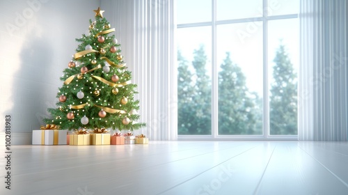 Decorating christmas tree cozy home interior design bright room perspective holiday spirit