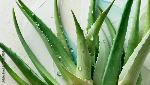 Set of fresh aloe vera leaves with water droplets,