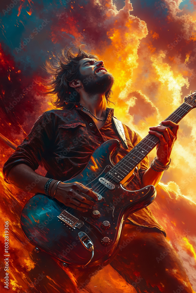 Obraz premium A man playing a guitar in front of a fiery sky