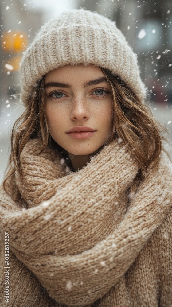 Cozy winter fashion: young woman in knitted scarf and hat in snowy urban setting Cozy winter fashion: young woman in knitted scarf and hat in snowy urban setting